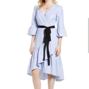 1901 Ruffle Hem Sky Blue and White Stripe Dress